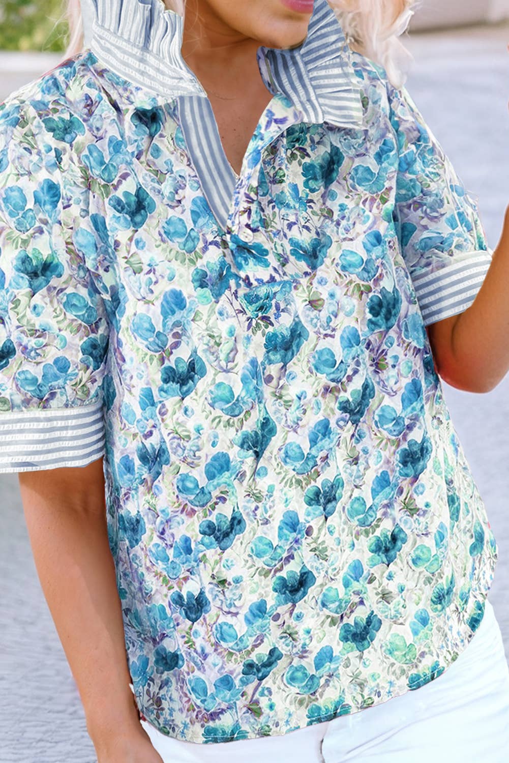Floral Print Striped Patchwork Collared Blouse