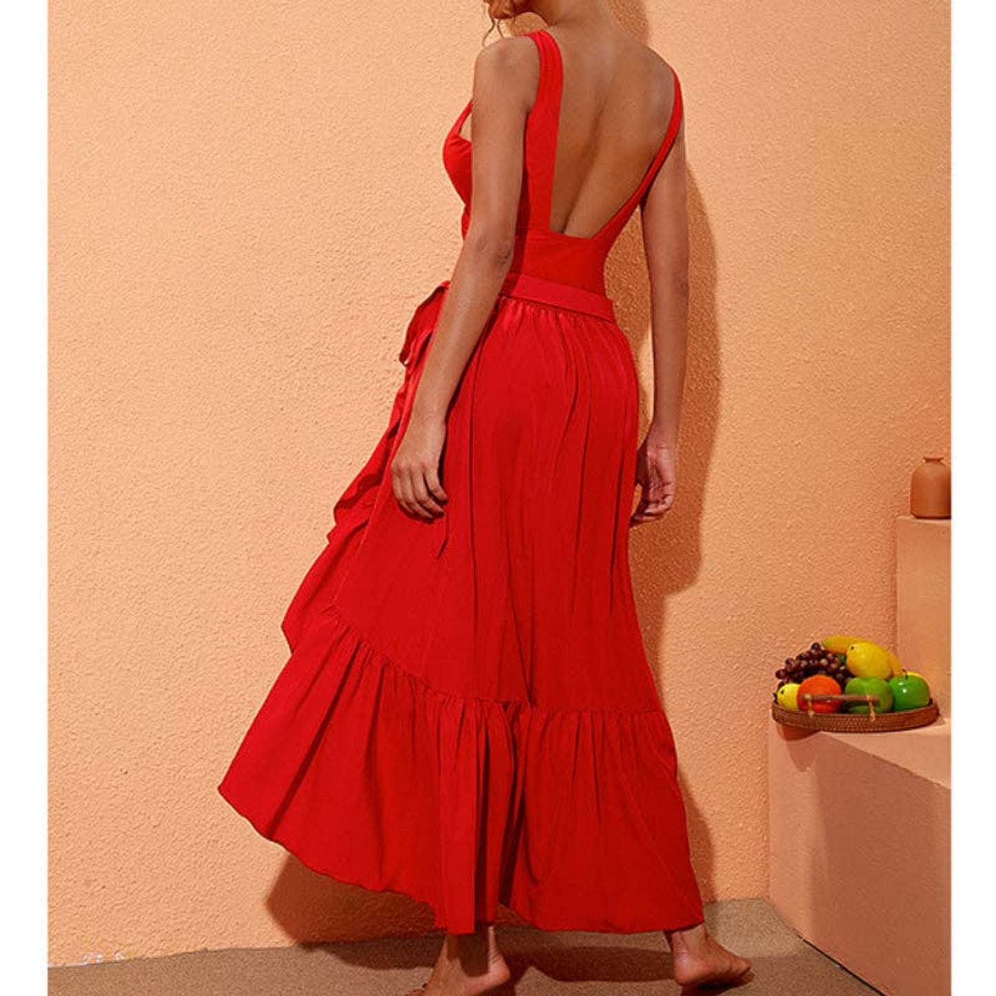 Solid Color Red Rose One Piece Classy Swimwear with Wrap-Small