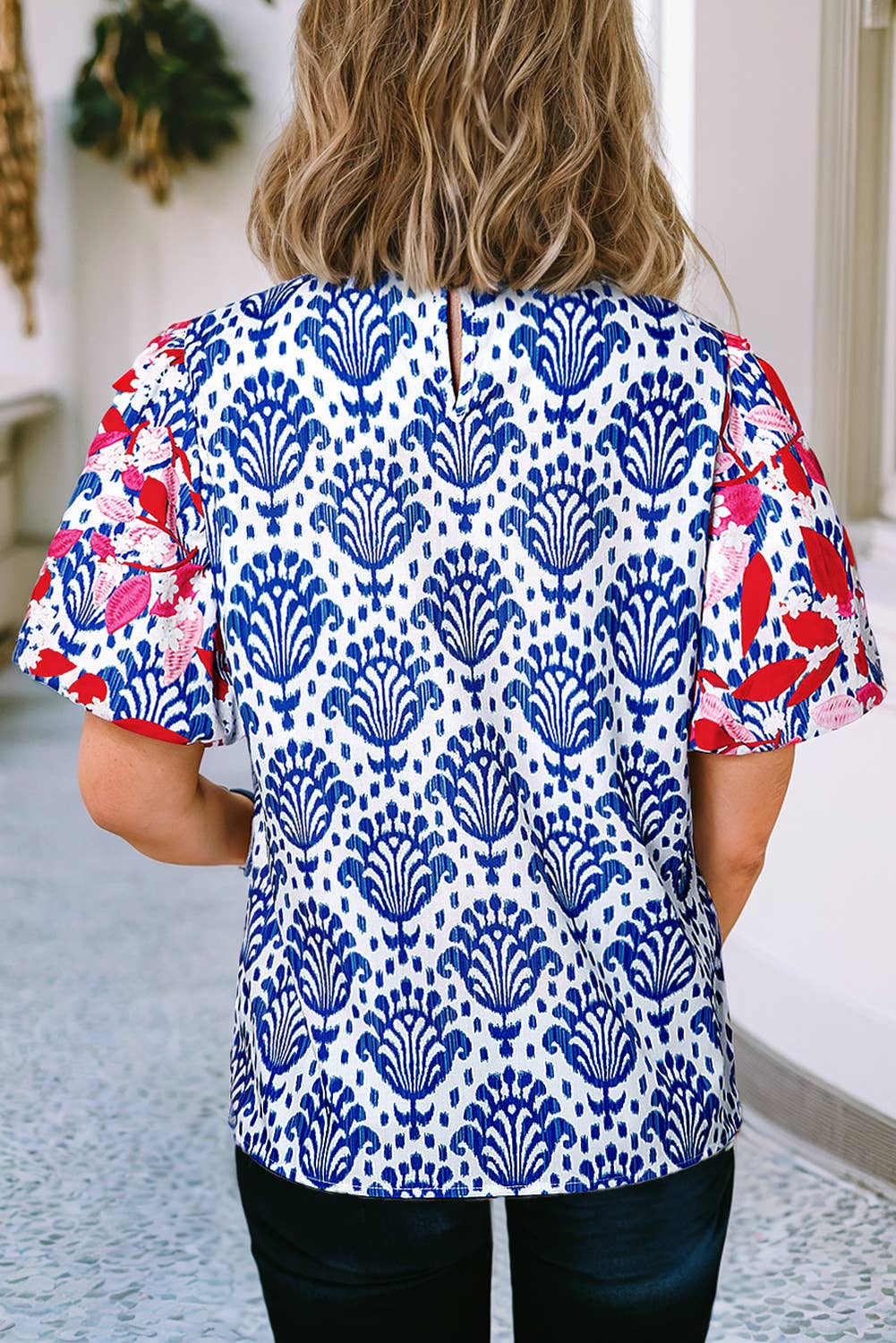 Western Fashion Print Floral Puff Sleeve Blouse