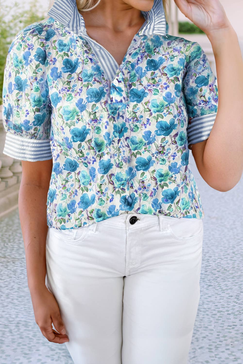 Floral Print Striped Patchwork Collared Blouse