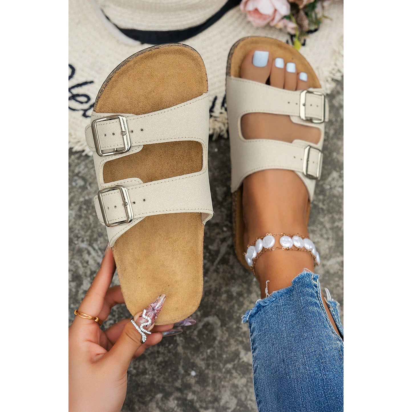 Solid Print Cut Out Buckle PU Leather Flat Sandals-Size 6
