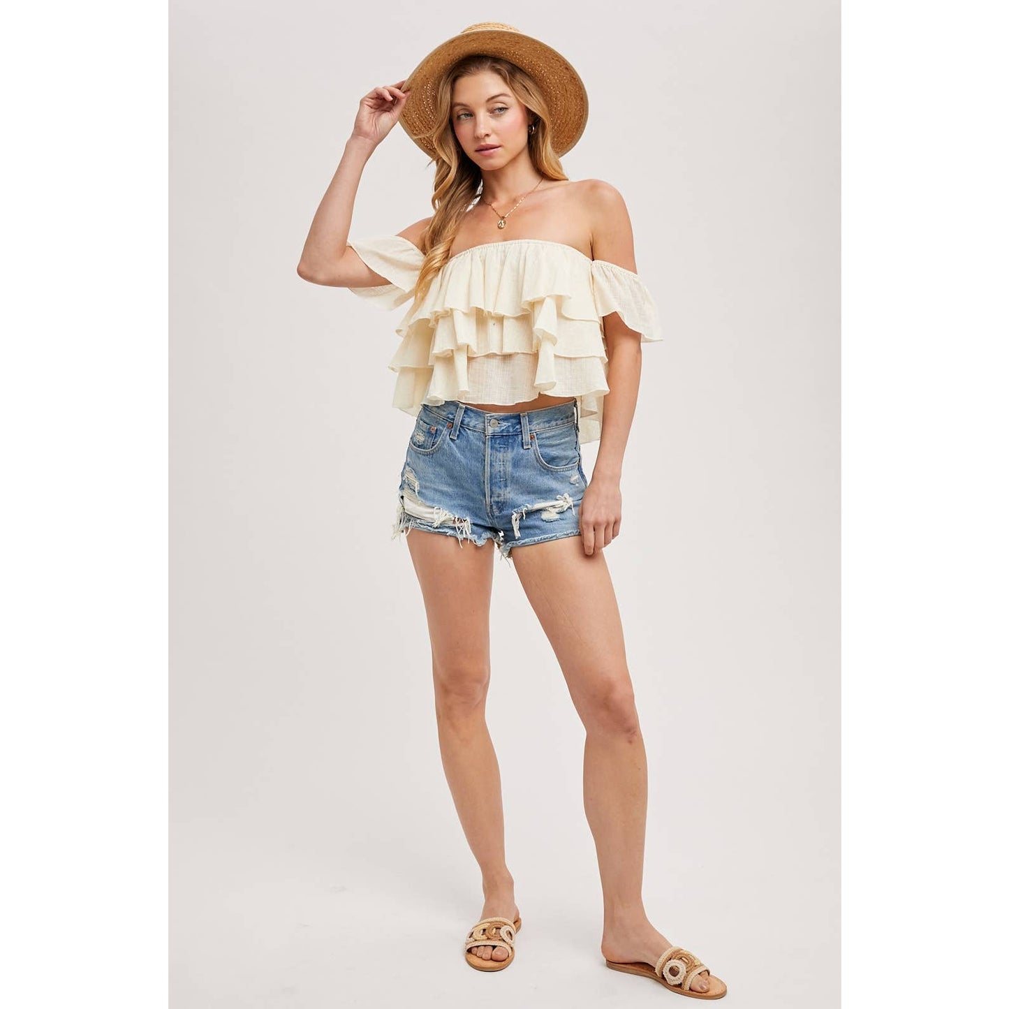 Textured Off The Shoulder Tiered Crop Top-Medium