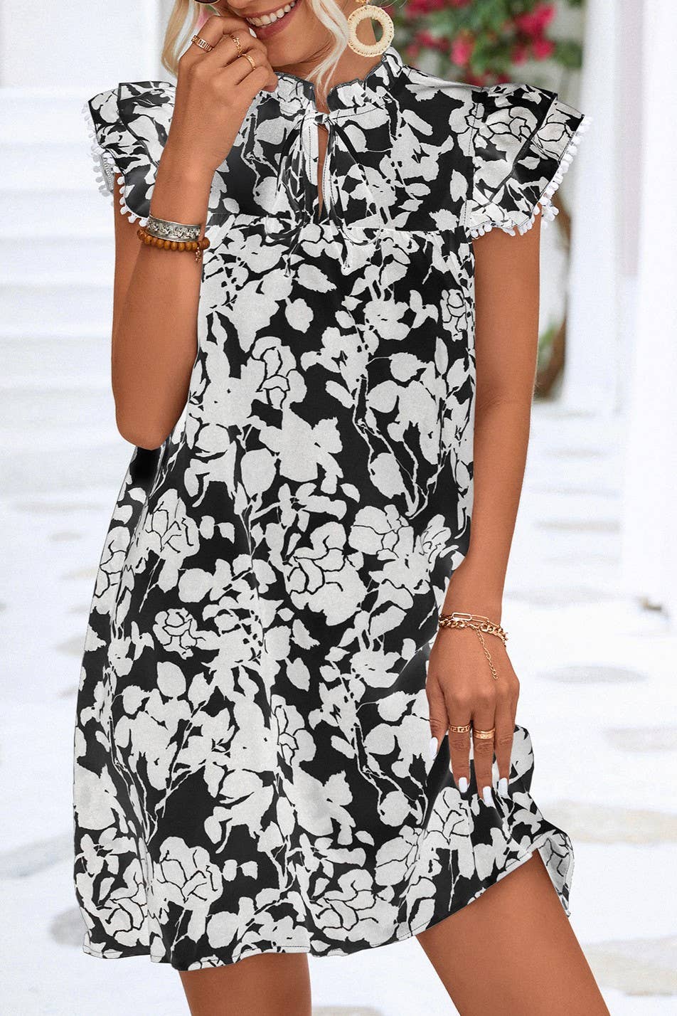 Ruffle Shoulder Floral Printed babydoll dress