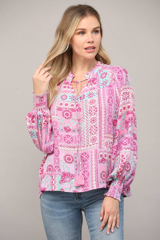 Patchwork Print Tie Neck Blouse with Tassels