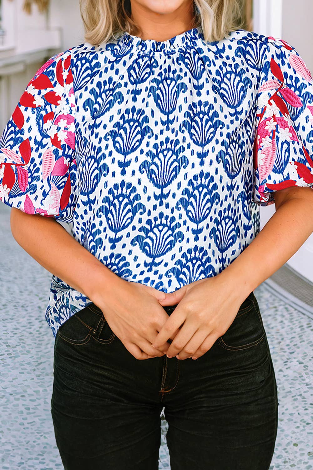 Western Fashion Print Floral Puff Sleeve Blouse