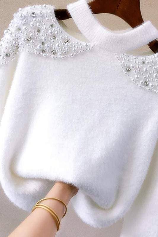 Cut Out Pearl Shoulder Sweater