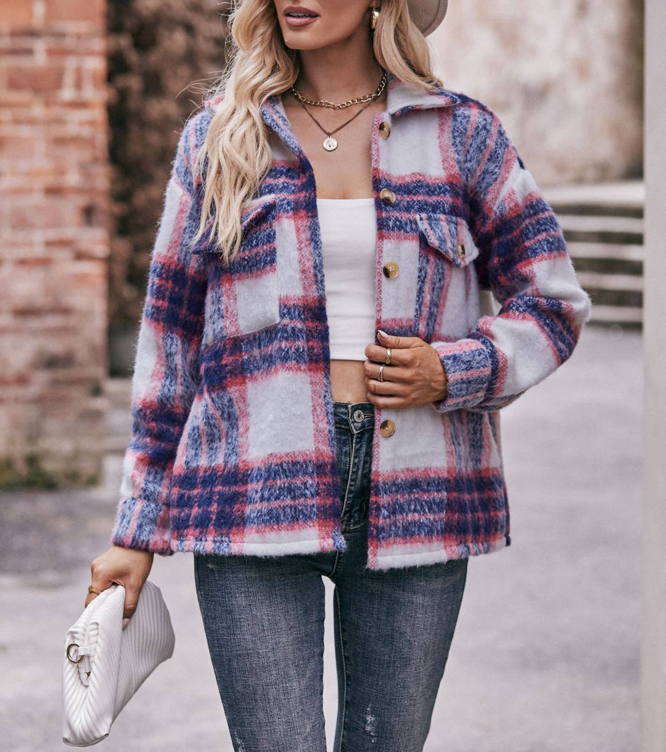 Plaid mohair short tweed thick coat