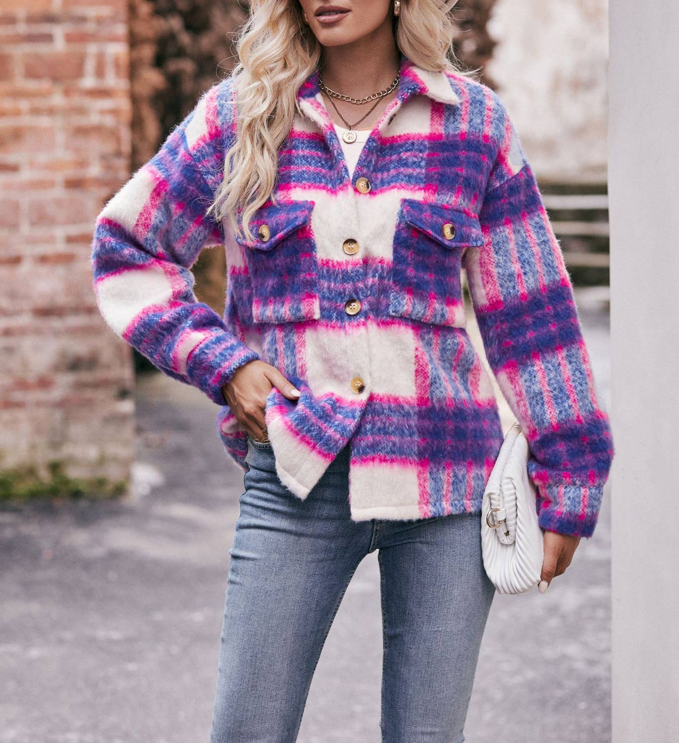Plaid mohair short tweed thick coat