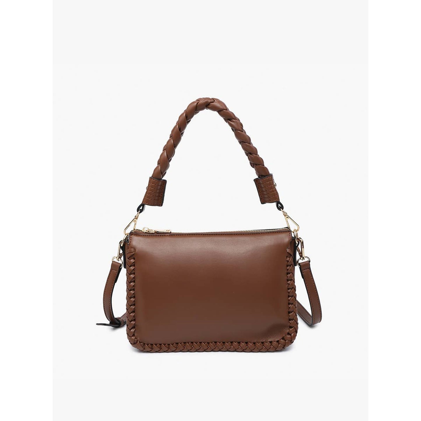 Judith Whipstitch Trim Shoulder Bag w/ Braided Handle-Brown