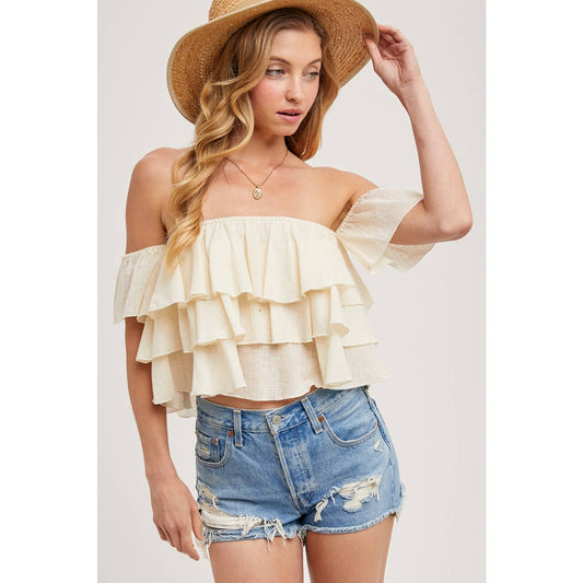 Textured Off The Shoulder Tiered Crop Top-Large