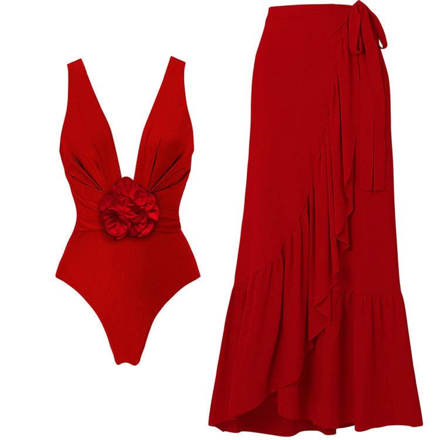 Solid Color Red Rose One Piece Classy Swimwear with Wrap-Small