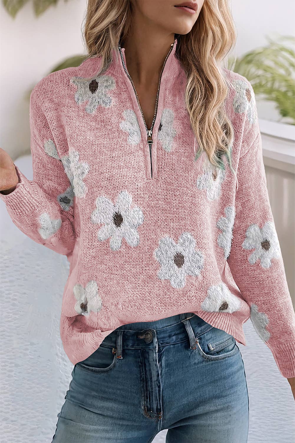 Floral Pattern Drop Shoulder Half Zip Sweater