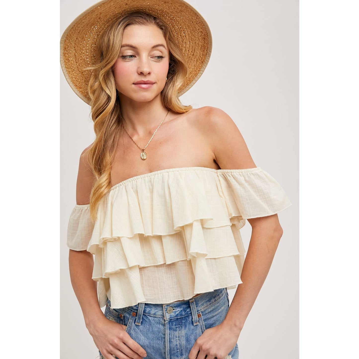 Textured Off The Shoulder Tiered Crop Top-Large