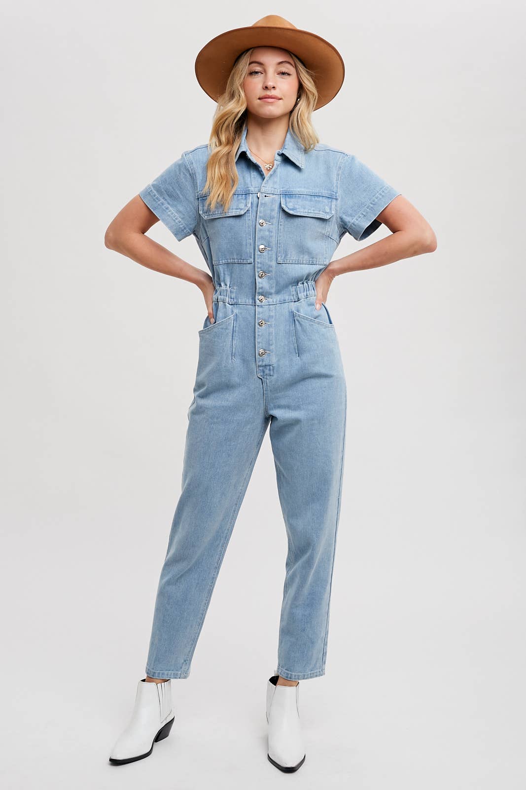 DENIM TAPERED LEG JUMPSUIT