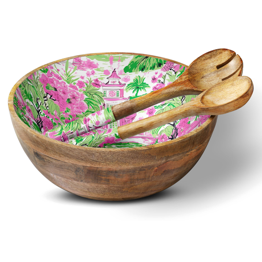 Pink & Green Chinoiserie 12" Wood Bowl w/ Matching Servers