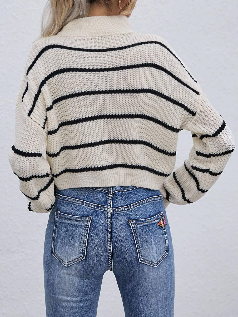 Zipper half placket striped sweater