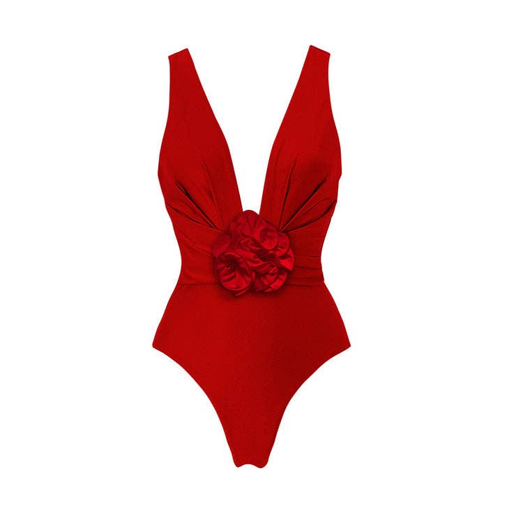 Solid Color Red Rose One Piece Classy Swimwear