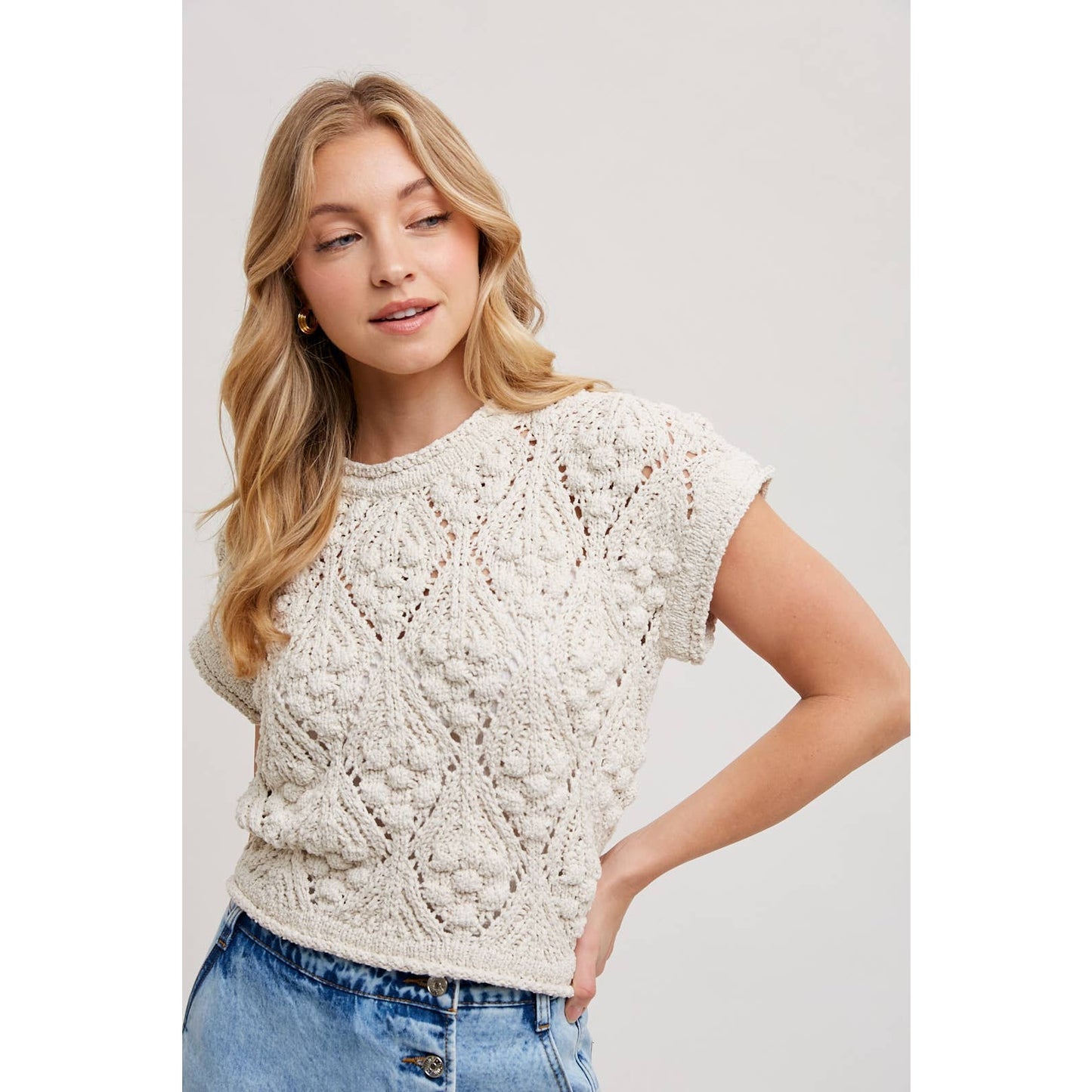 KNIT SWEATER SHORT SLEEVED PULLOVER-Large