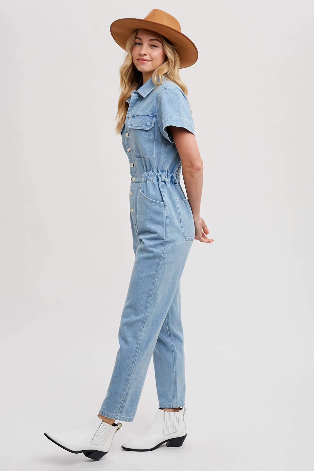 DENIM TAPERED LEG JUMPSUIT