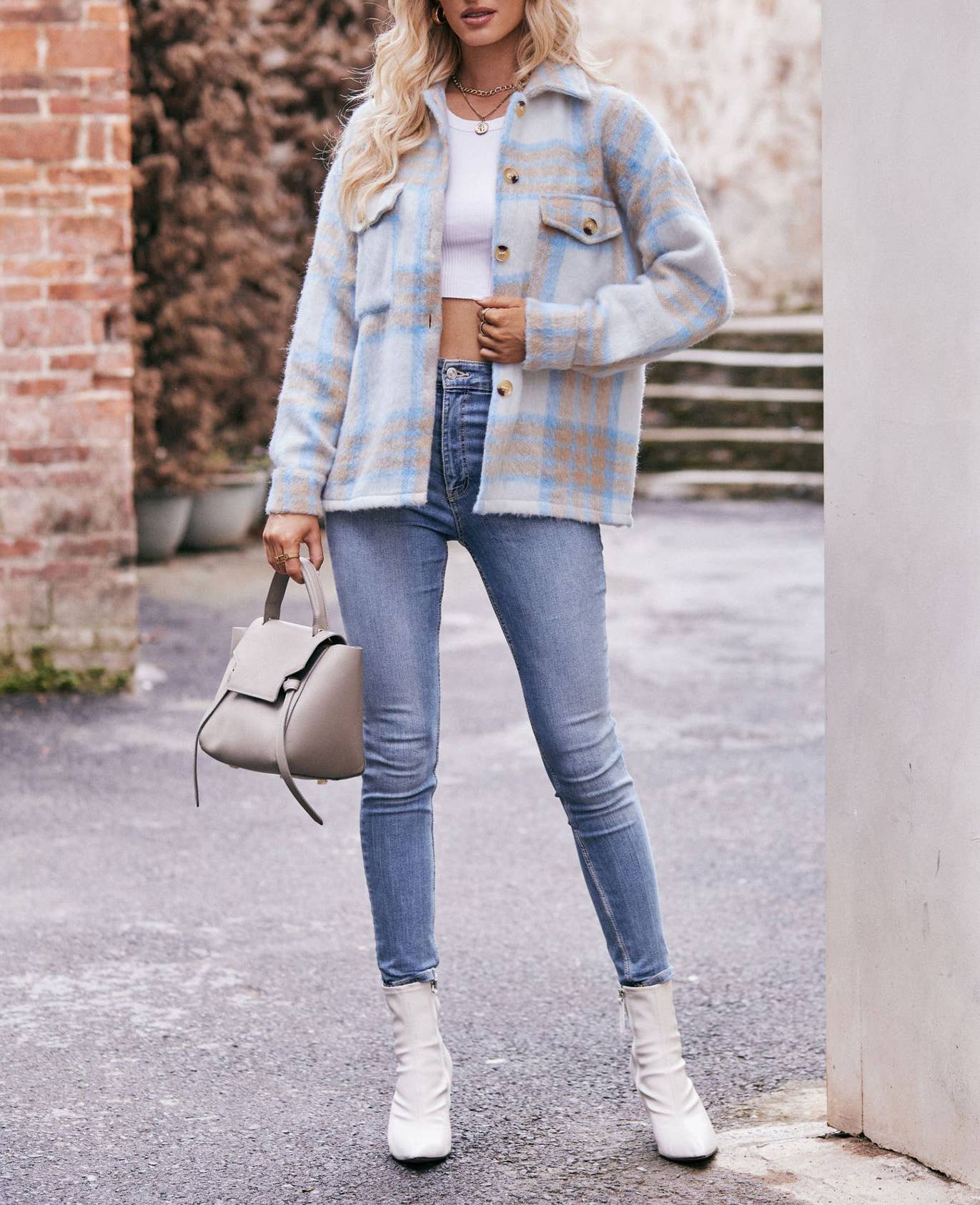 Plaid mohair short tweed thick coat