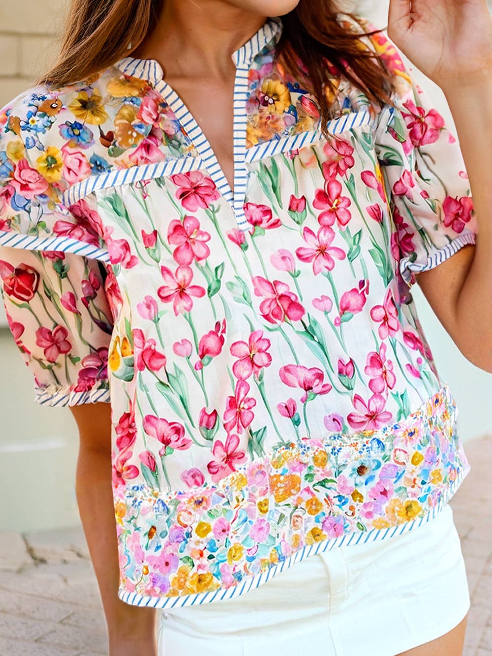 Floral Print Striped Detail Split Neck Short Sleeve Blouse