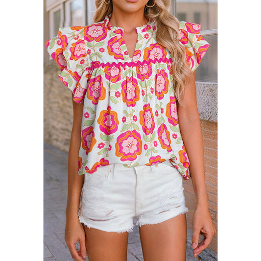 Floral Print Ric Rack Ruffle Sleeve Blouse-medium