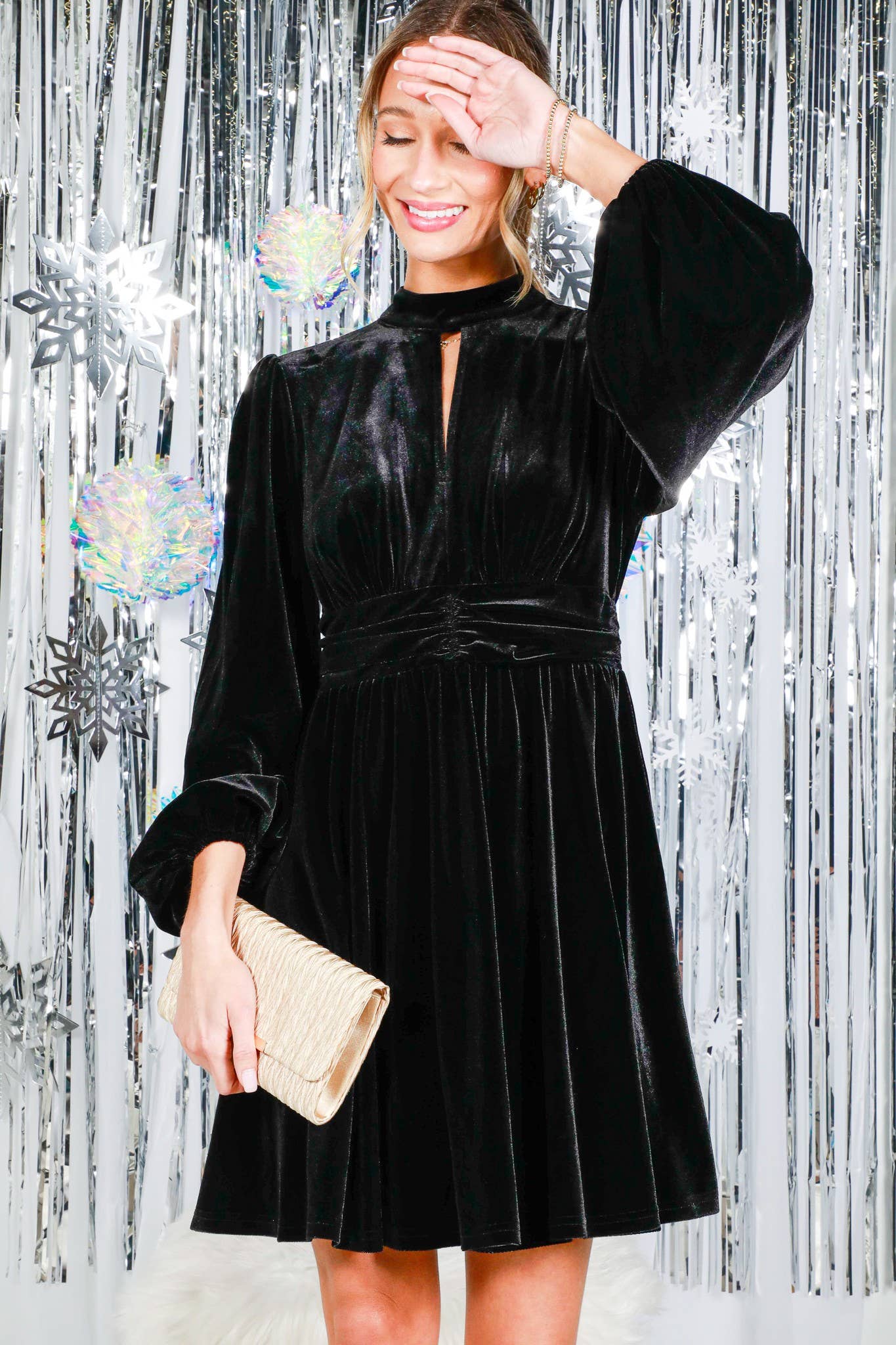 Mock Neck Shirring Waist Velvet Mini Dress VD82079