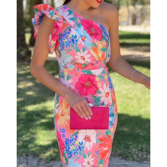 Floral One Shoulder Ruffled Dress-Large