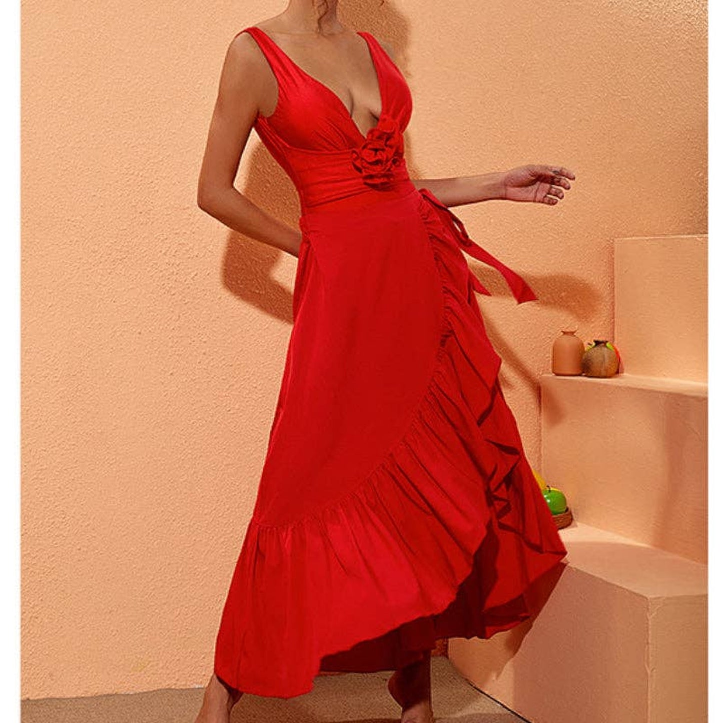 Solid Color Red Rose One Piece Classy Swimwear with Wrap-Medium