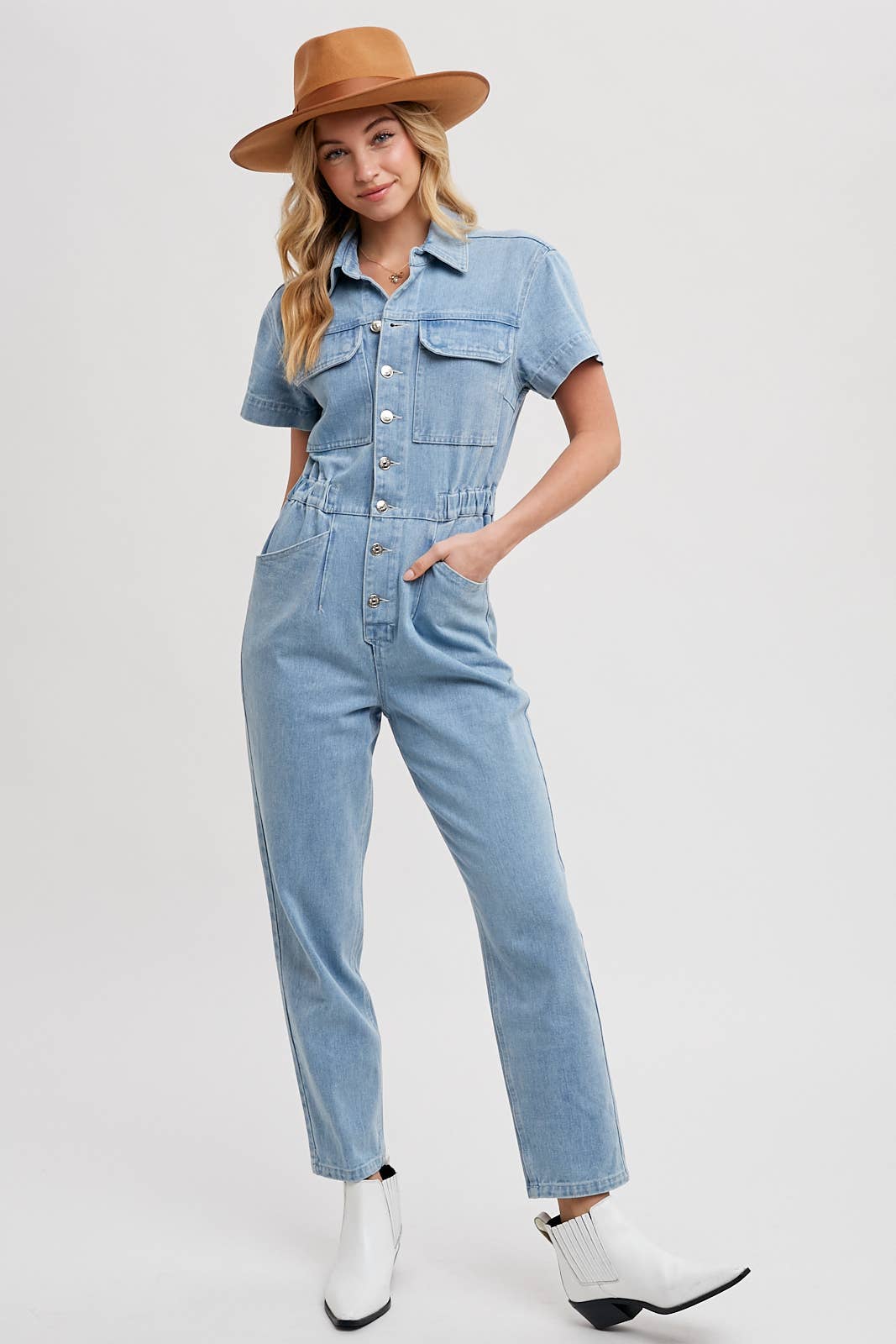 DENIM TAPERED LEG JUMPSUIT