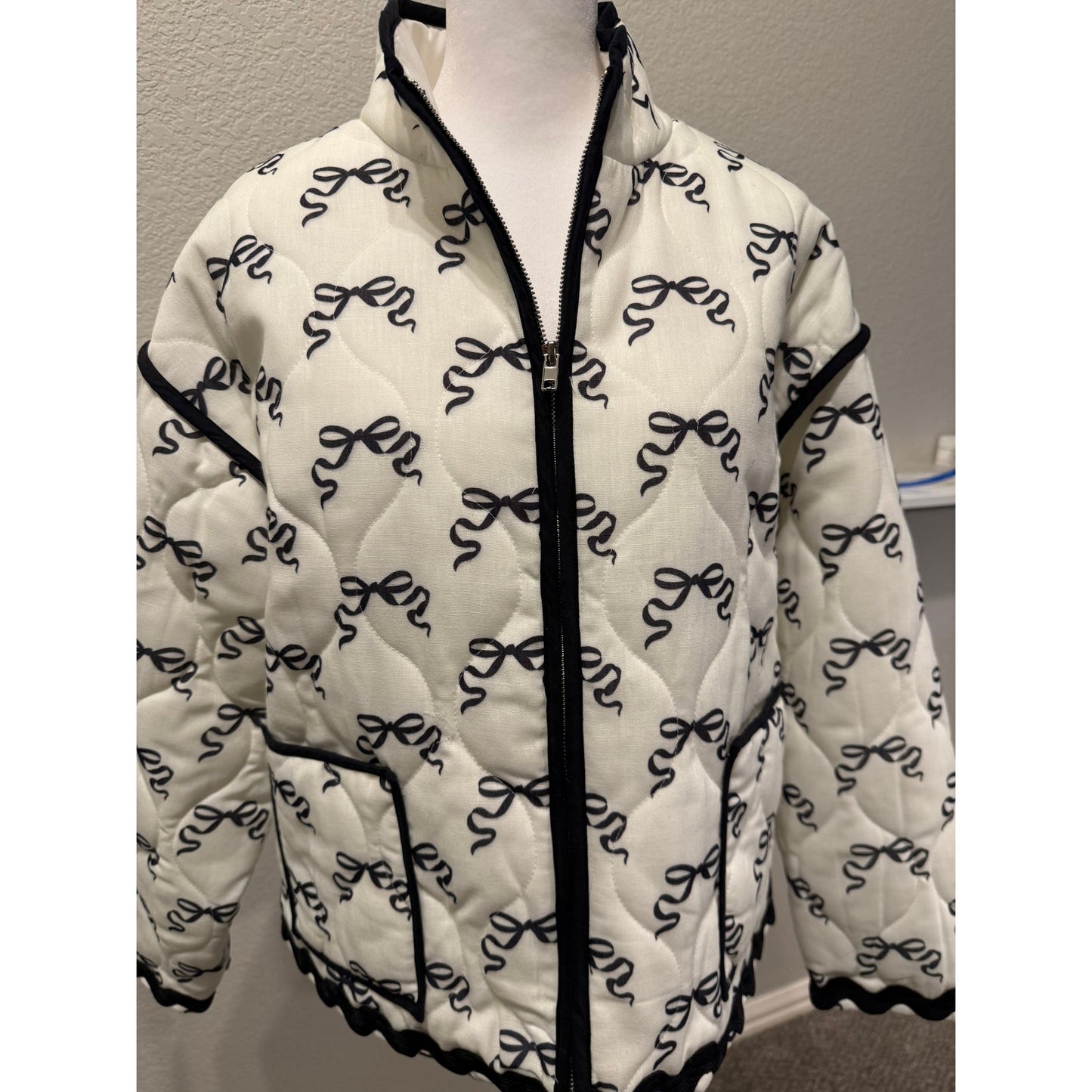 Quilted Trimmed Bow Pattern Jacket with Pockets-Large