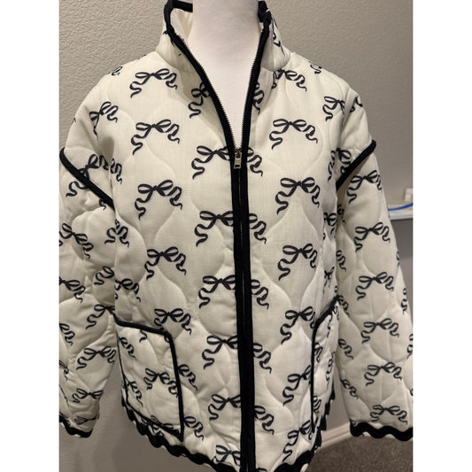 Quilted Trimmed Bow Pattern Jacket with Pockets-Large