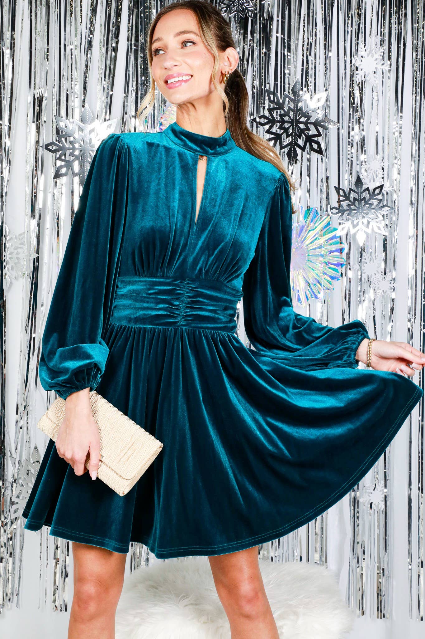 Mock Neck Shirring Waist Velvet Mini Dress VD82079