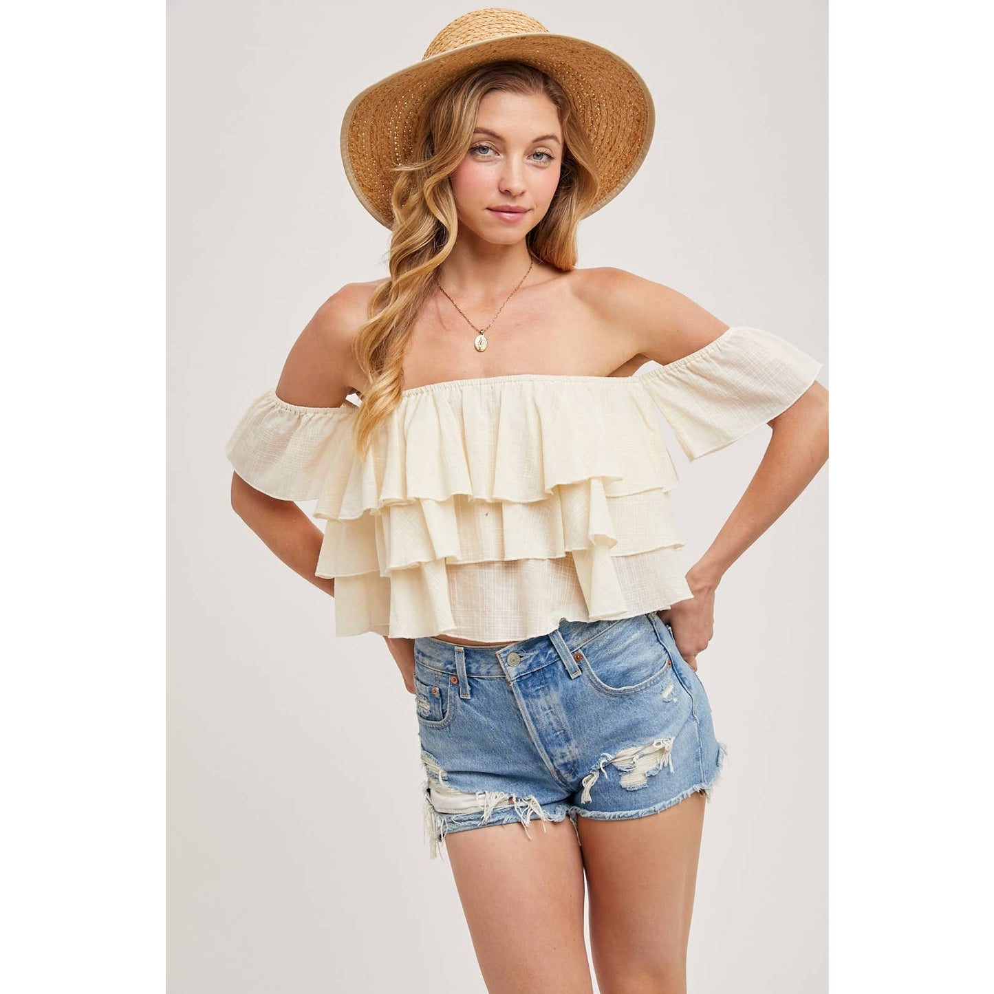 Textured Off The Shoulder Tiered Crop Top-Large