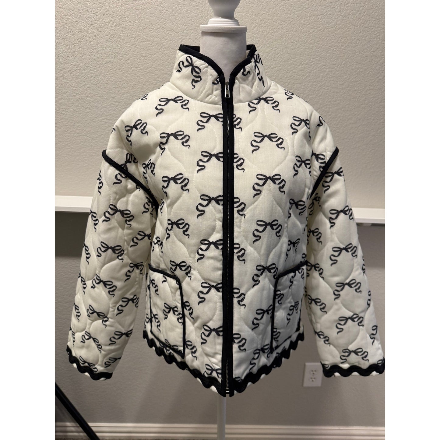 Quilted Trimmed Bow Pattern Jacket with Pockets-Large