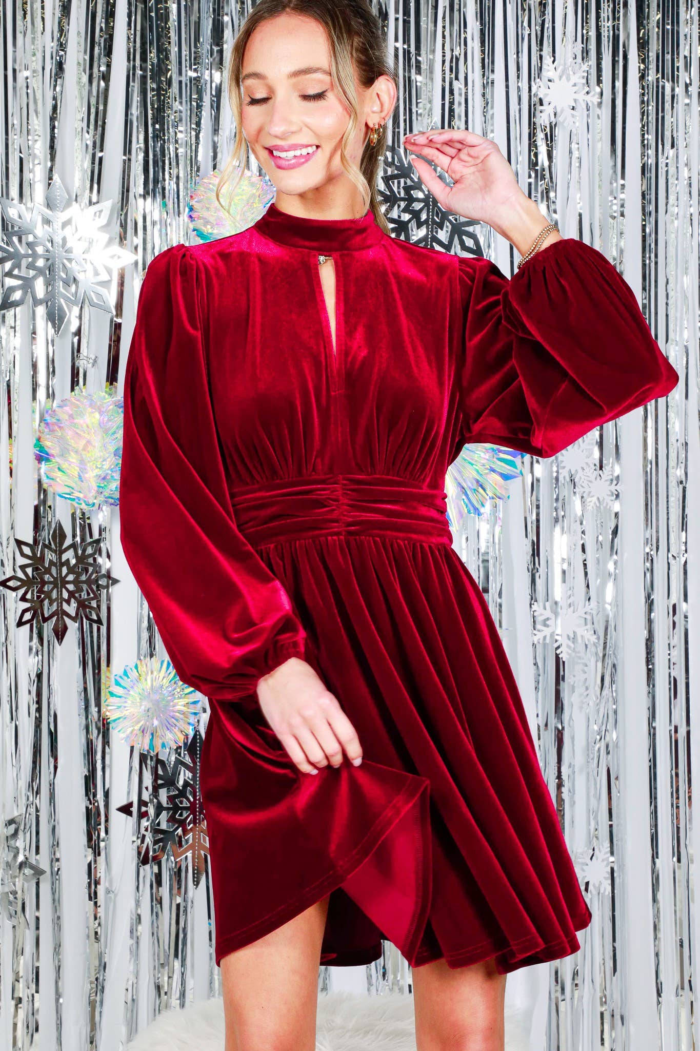 Mock Neck Shirring Waist Velvet Mini Dress VD82079