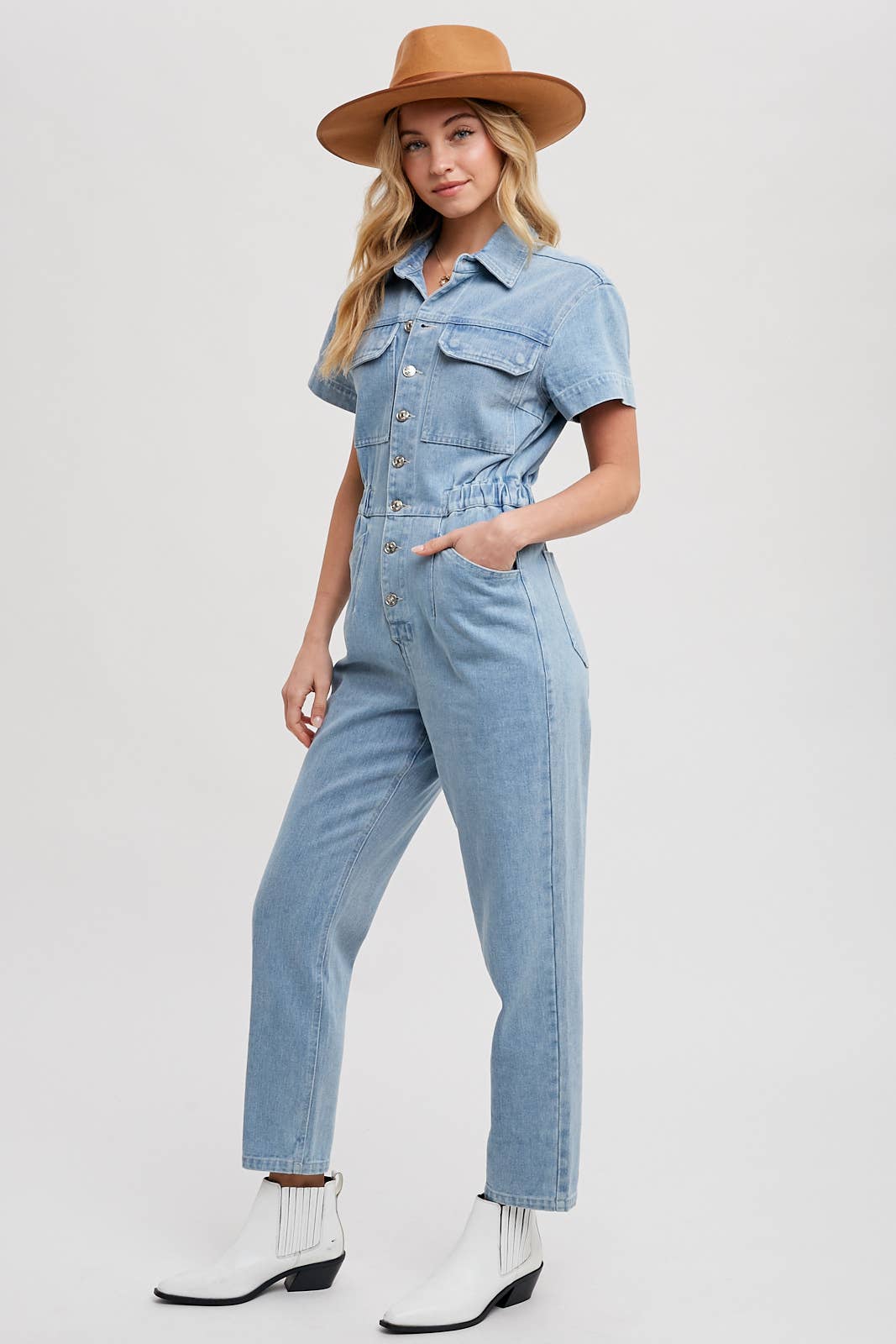 DENIM TAPERED LEG JUMPSUIT