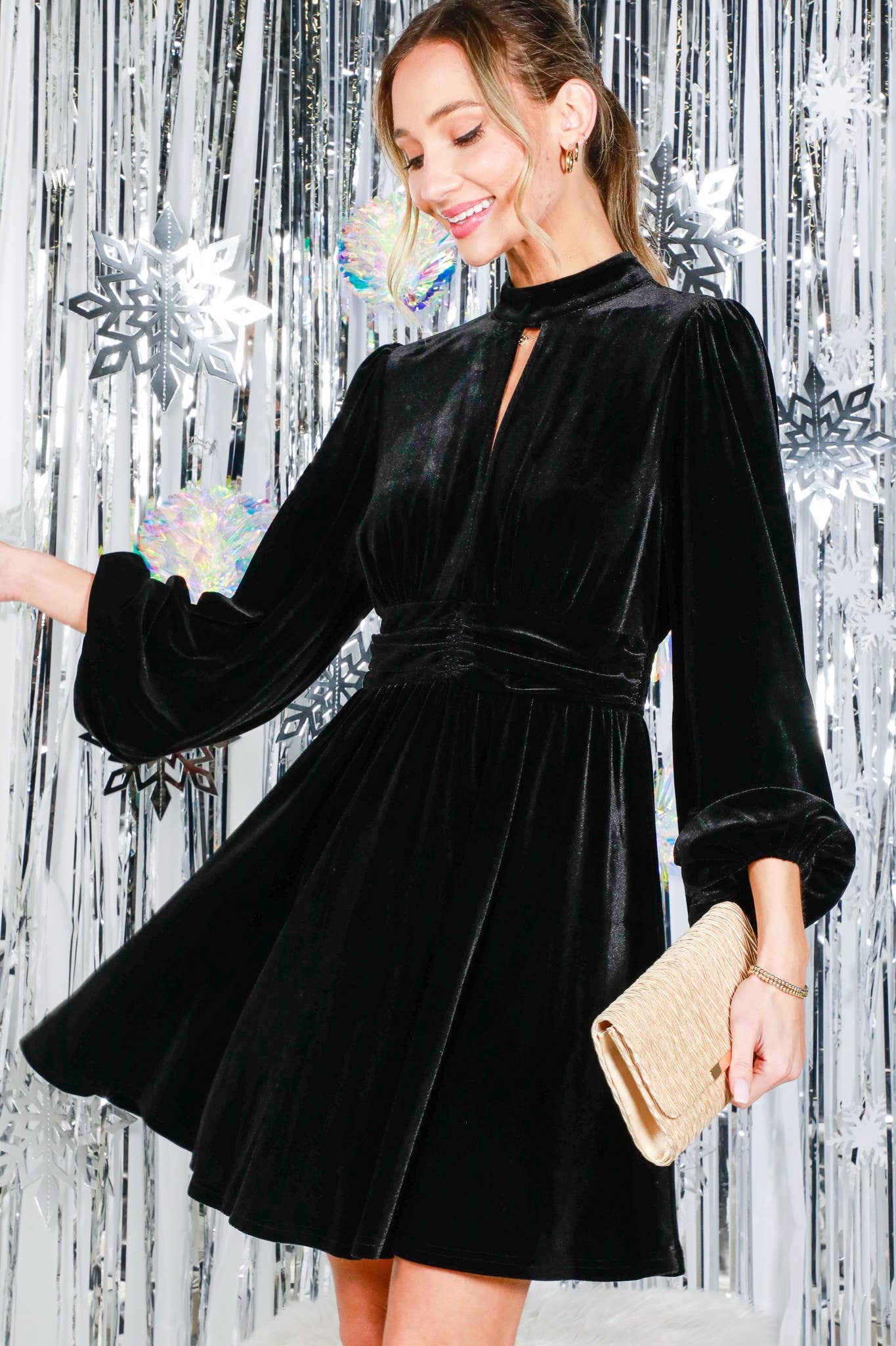 Mock Neck Shirring Waist Velvet Mini Dress VD82079