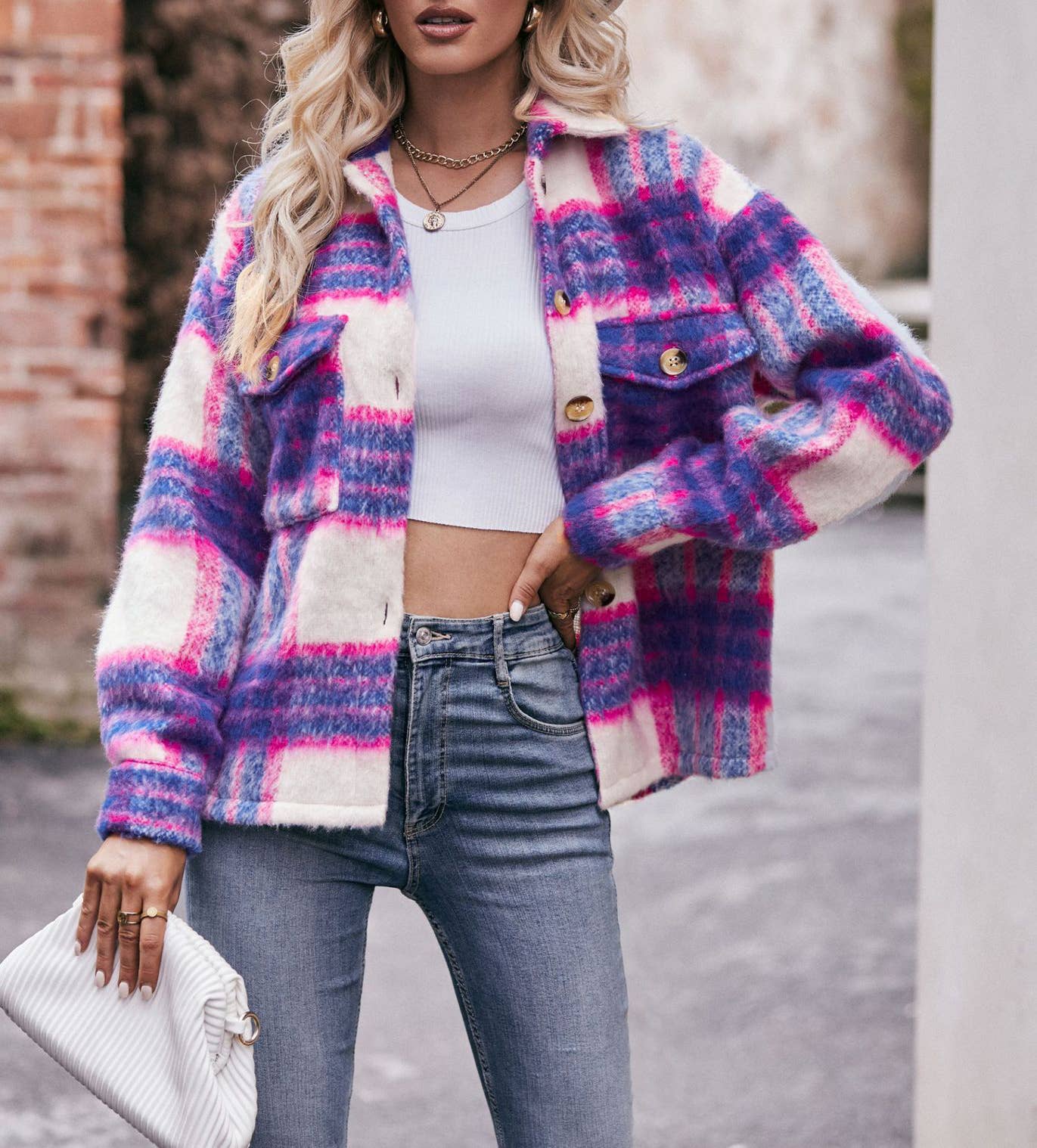 Plaid mohair short tweed thick coat