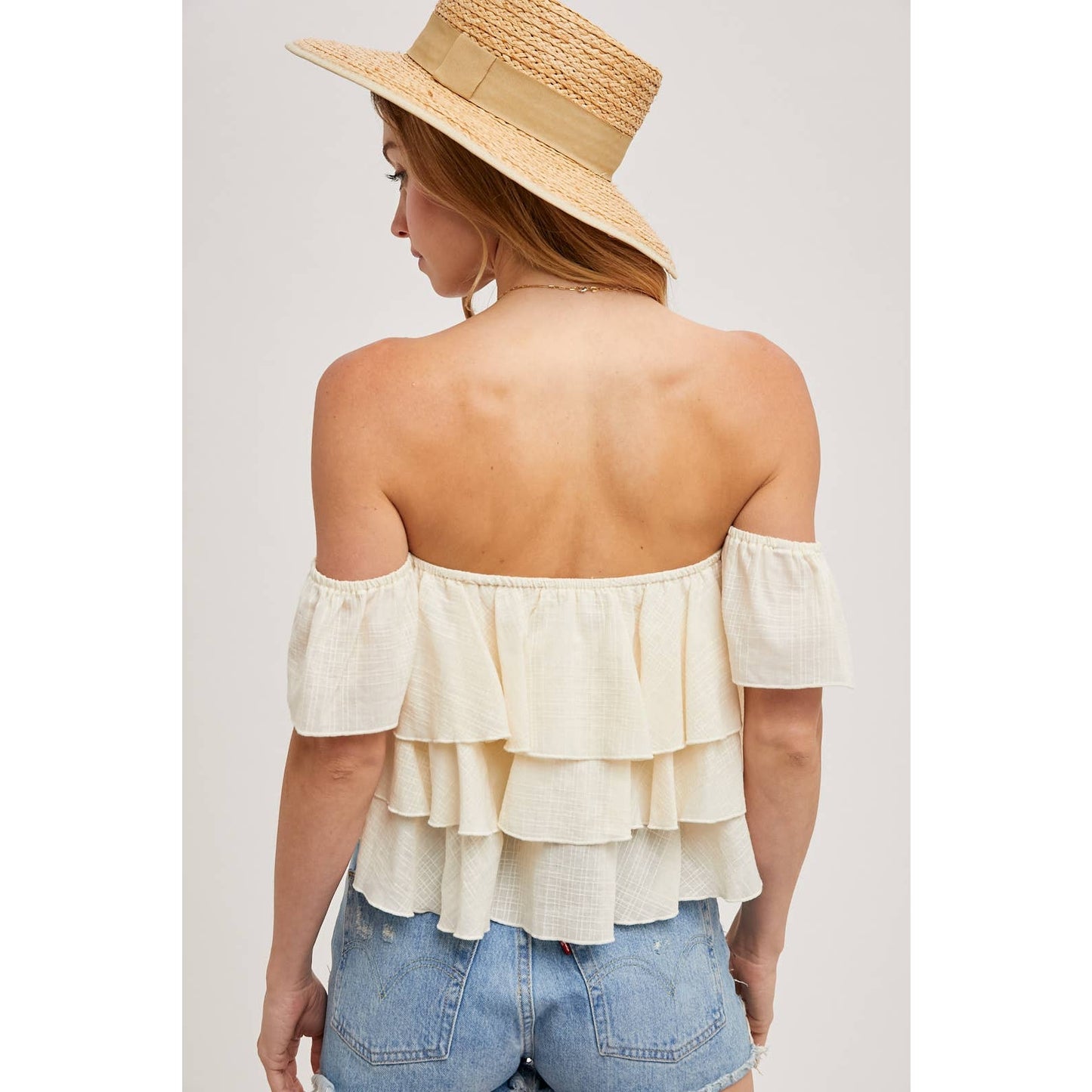Textured Off The Shoulder Tiered Crop Top-Medium