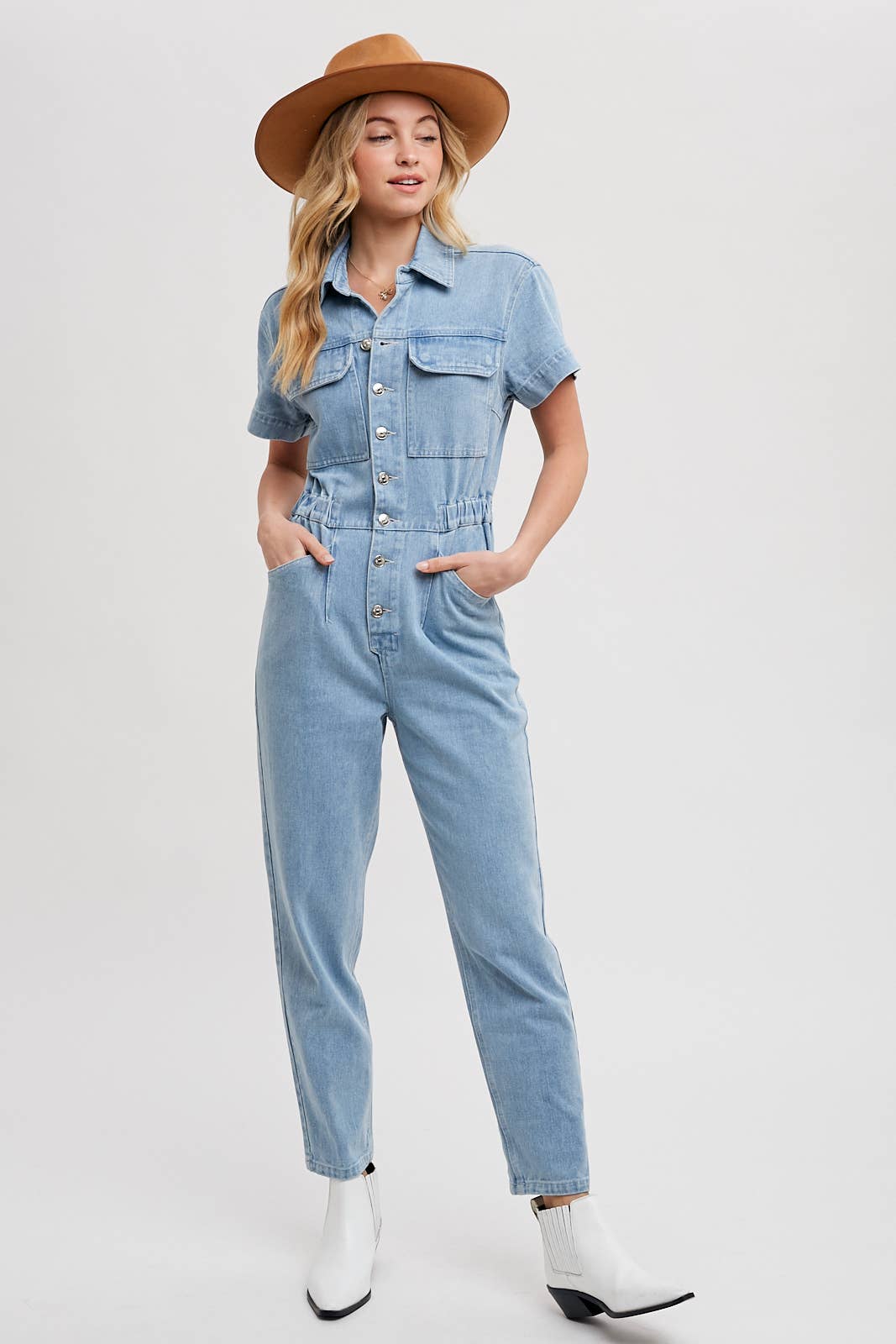 DENIM TAPERED LEG JUMPSUIT