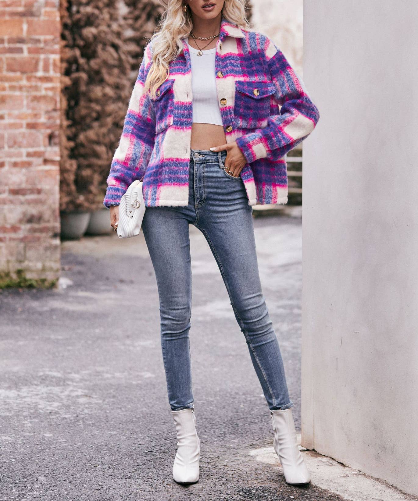 Plaid mohair short tweed thick coat